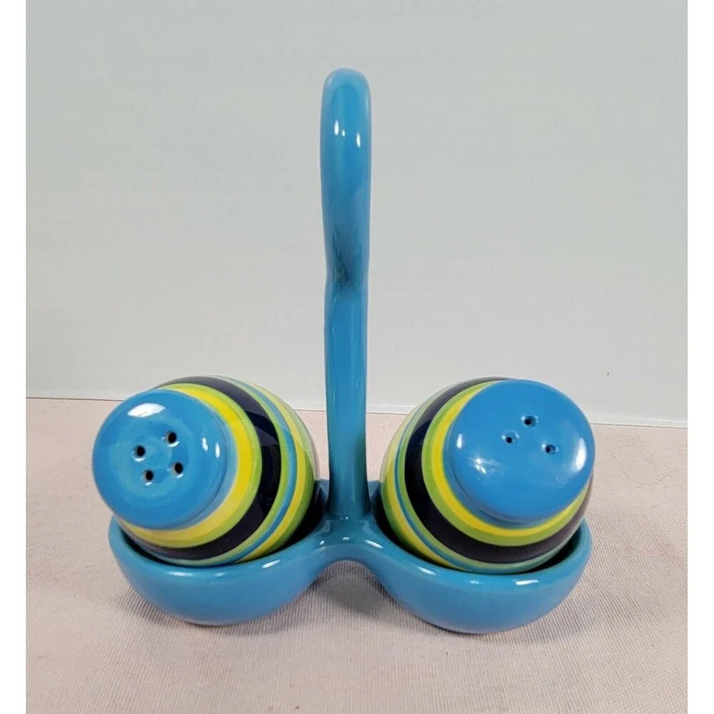 Ceramic Salt & Pepper Shakers with Holder- Blue green yellow multicolor